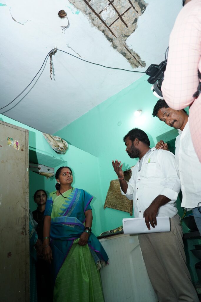 Kavitha listens to locals affected by crusher blasts in Jiapalli