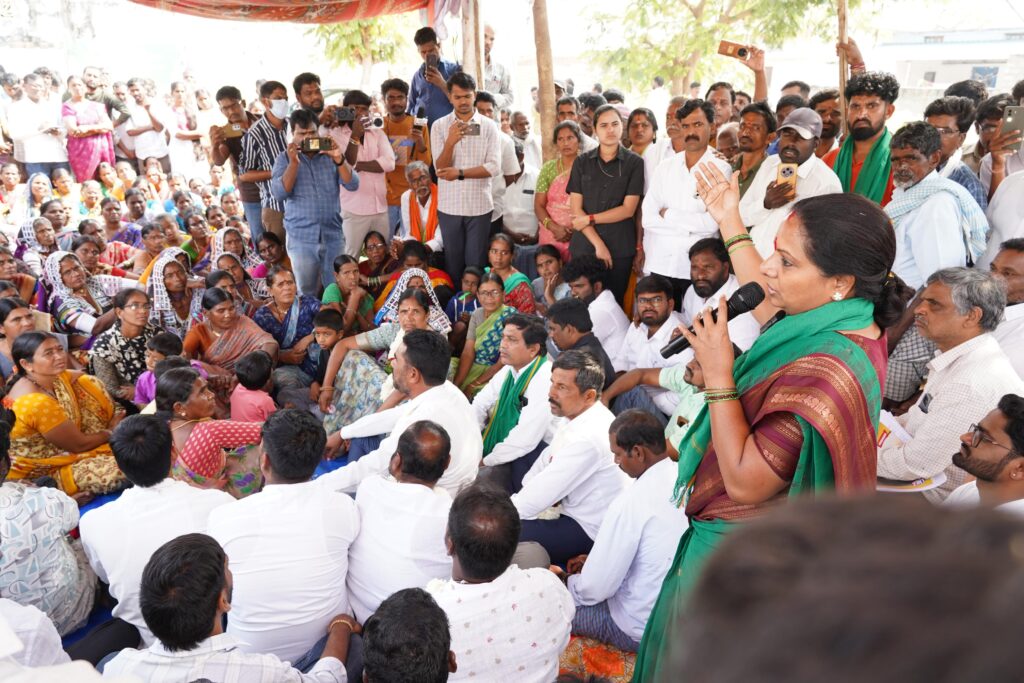 Telangana Jagruti leader Kavitha with Eravelli Gokaram displaced families