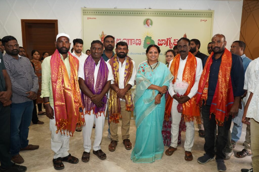 Kalvakuntla Kavitha interacting with newly elected sarpanches from Nizamabad district at the Jagruthi office in Hyderabad, emphasizing commitment to public service