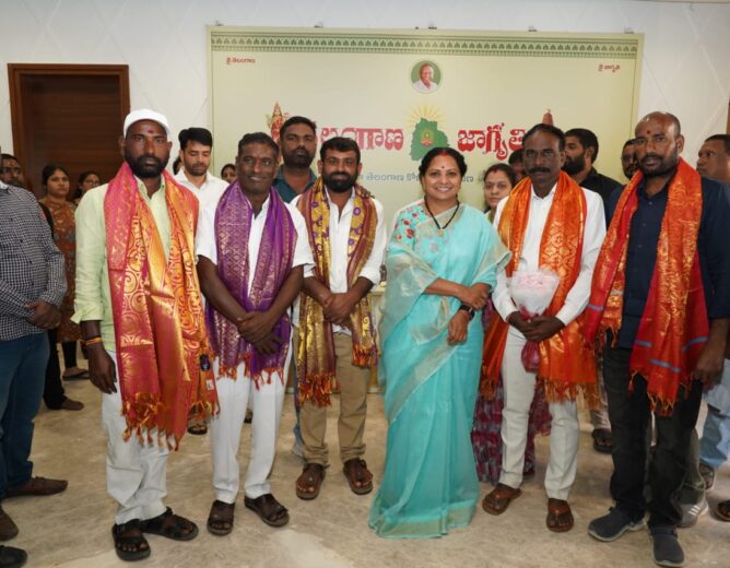 Kalvakuntla Kavitha interacting with newly elected sarpanches from Nizamabad district at the Jagruthi office in Hyderabad, emphasizing commitment to public service
