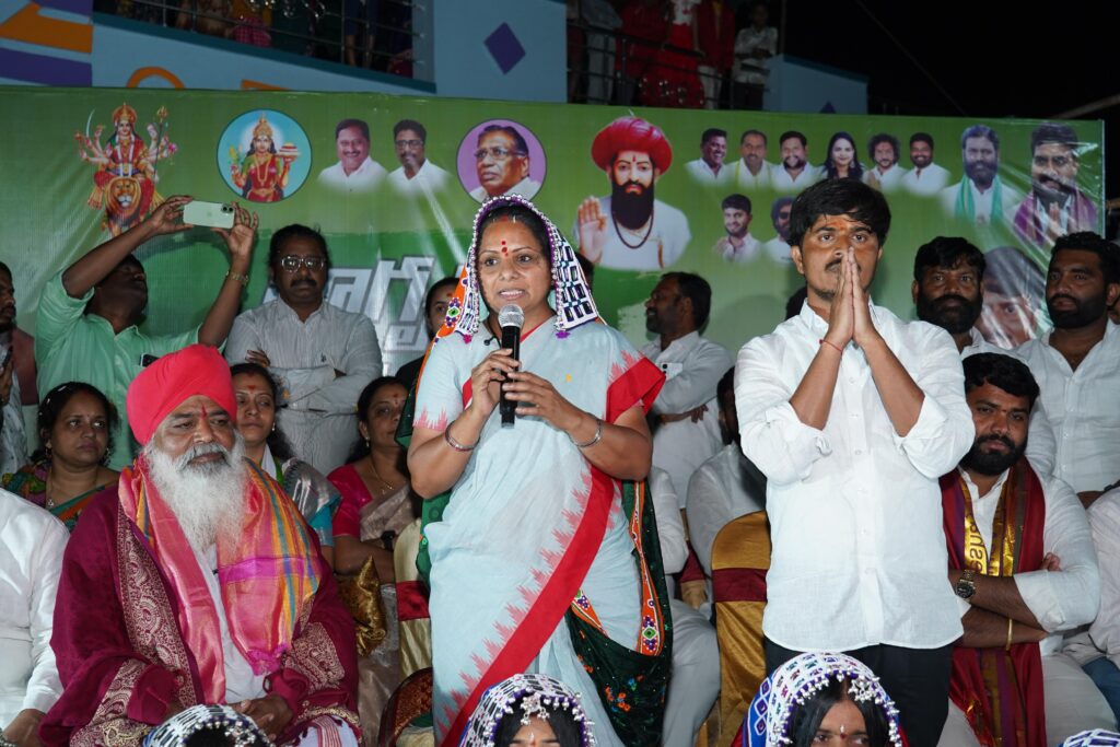 Telangana Jagruti leader Kalvakuntla Kavitha with Chenchu tribal families during Janambata tour