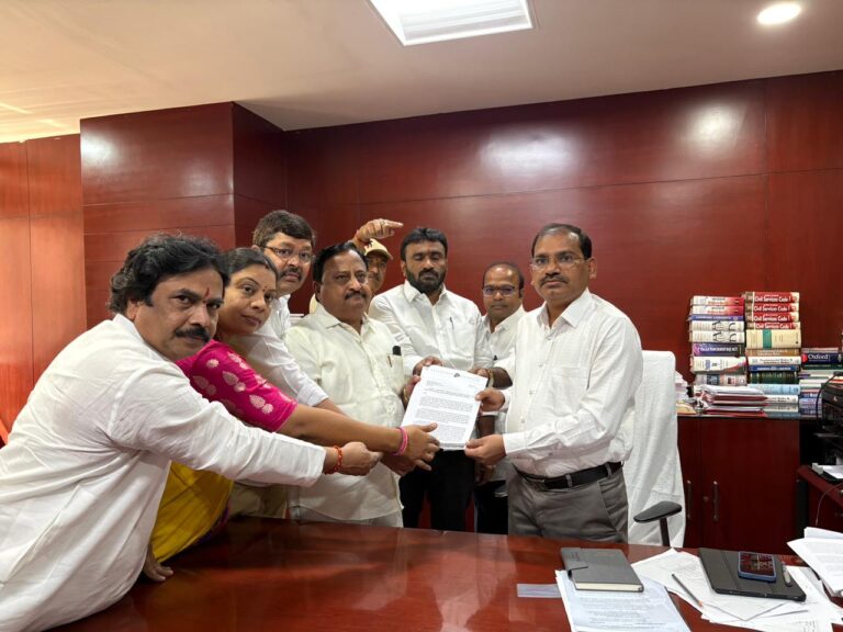Telangana Jagruthi leaders submitting a complaint to the Election Commission against CM Revanth Reddy for alleged misuse of power during municipal elections