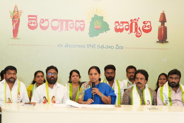 Kalvakuntla Kavitha addressing a press meet in Hyderabad on GHMC corruption allegations against the Revanth Reddy government