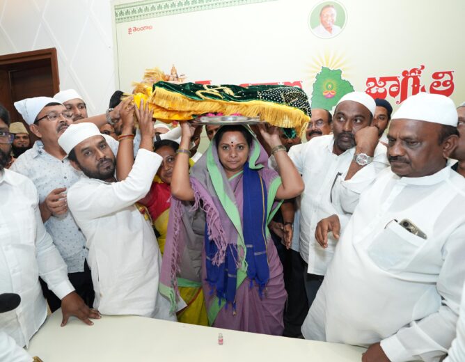 Kalvakuntla Kavitha sending ceremonial chadar to Ajmer Sharif Dargah at Telangana Jagruthi office in Hyderabad