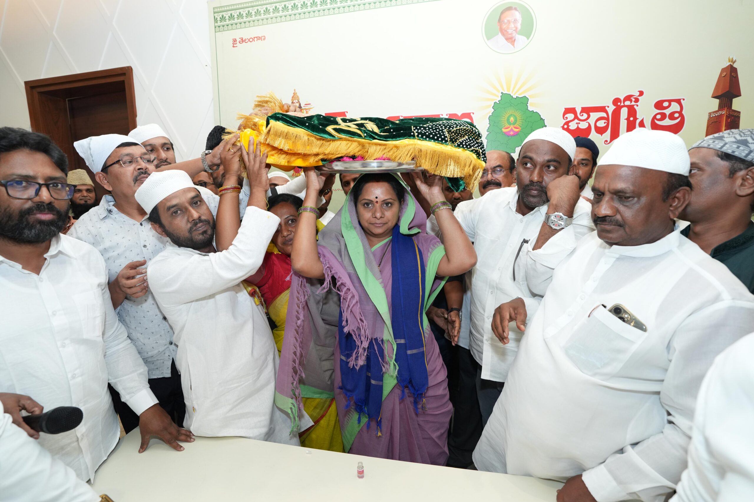 Kalvakuntla Kavitha sending ceremonial chadar to Ajmer Sharif Dargah at Telangana Jagruthi office in Hyderabad