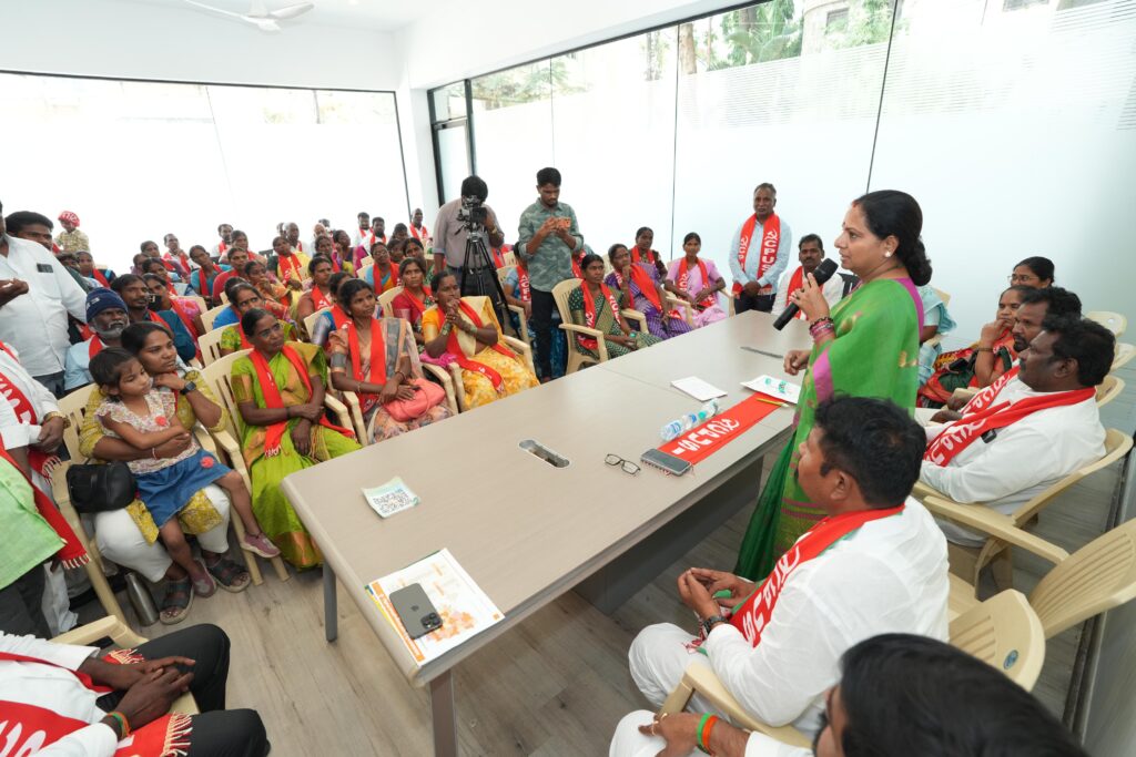 Kalvakuntla Kavitha meeting Veeranna followers at Telangana Jagruthi headquarters in Hyderabad