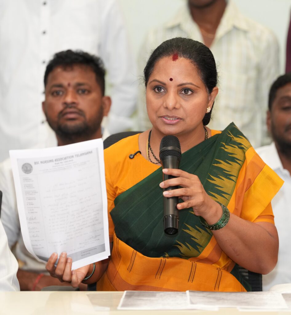 Kalvakuntla Kavitha speaking at press meet on degree lecturer jobs controversy in Telangana