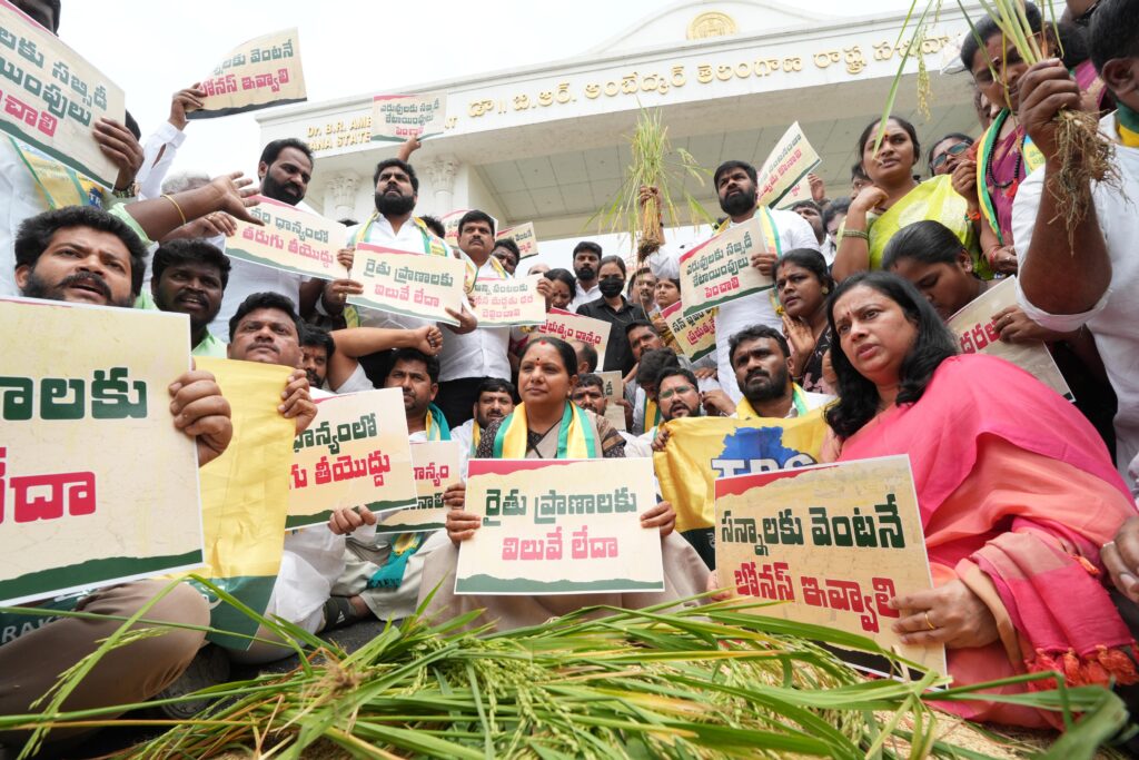 K Kavitha criticised the Telangana government over paddy procurement delays and farmer hardships during a protest near the Secretariat in Hyderabad.