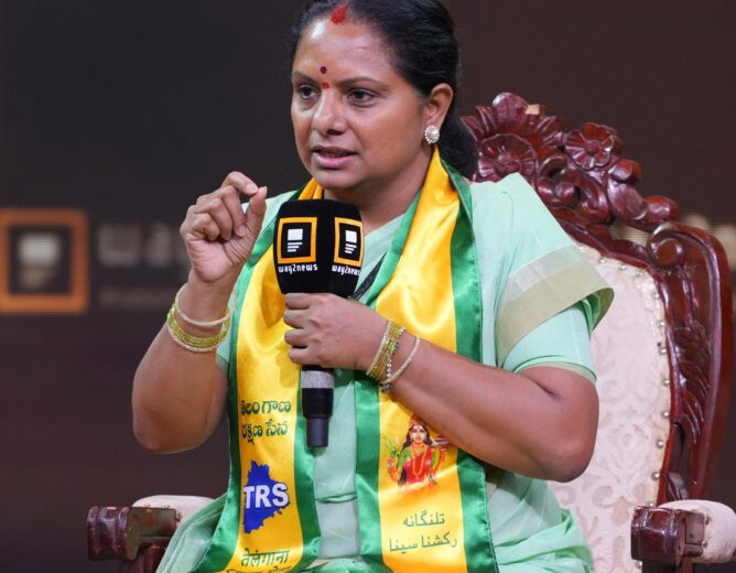 K Kavitha criticized Revanth Reddy and BJP leaders at the Way2News Conclave in Hyderabad, demanding Bandi Sanjay’s resignation and speaking on Telangana politics, women empowerment, and irrigation challenges.