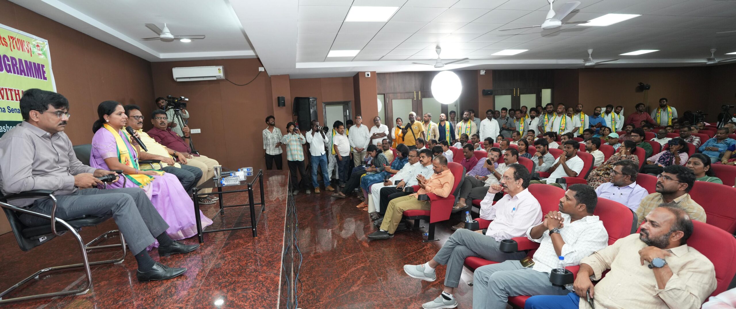 Kavitha speaks at Hyderabad press meet, promises free education and healthcare, criticizes KCR and Congress, and outlines her party’s future strategy