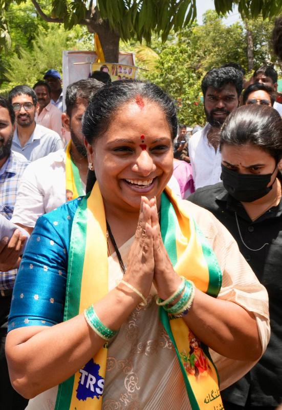 TRS Chief Kalvakuntla Kavitha addressing a public meeting in Moinabad, Telangana