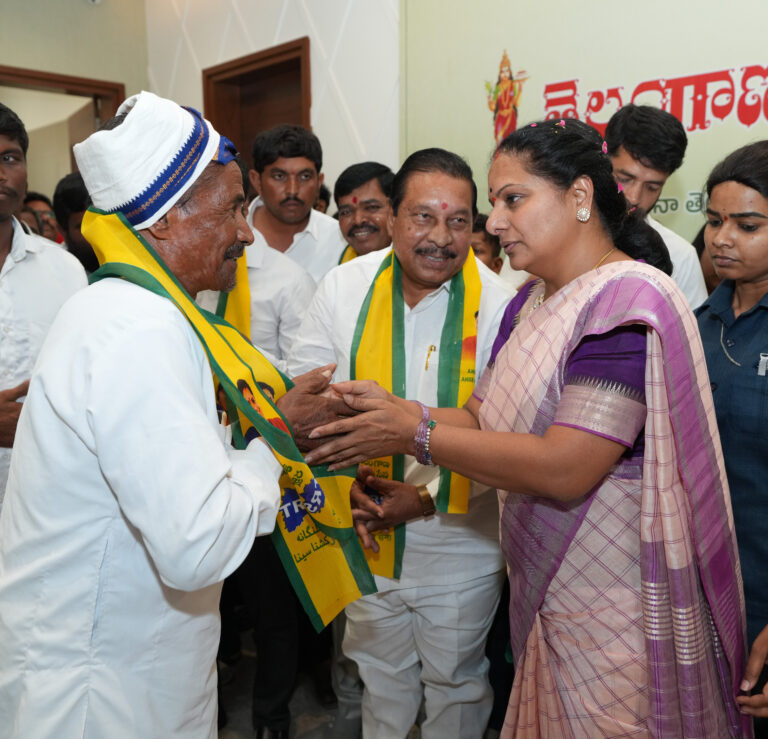 Telangana Rakshana Sena chief Kalvakuntla Kavitha welcomed leaders and workers from Bodh, Khairatabad, Amberpet and Narsapur constituencies into the party during a large joining event held in Hyderabad.