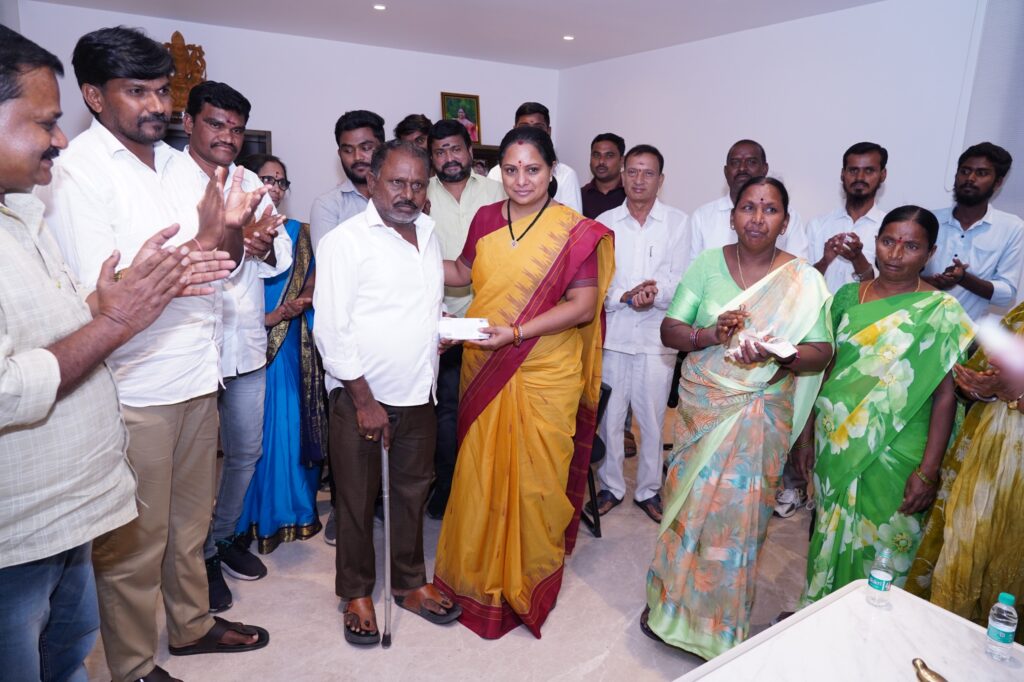 Telangana Rakshana Sena Chief Kalvakuntla Kavitha interacts with Nerella victims and calls for immediate legal action and justice.