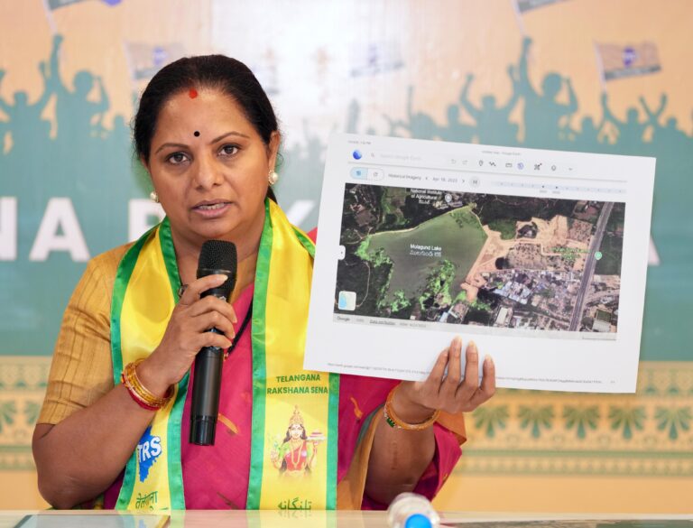 Kalvakuntla Kavitha addressing a press conference in Hyderabad alleging large-scale Telangana land irregularities and announcing a land protection movement