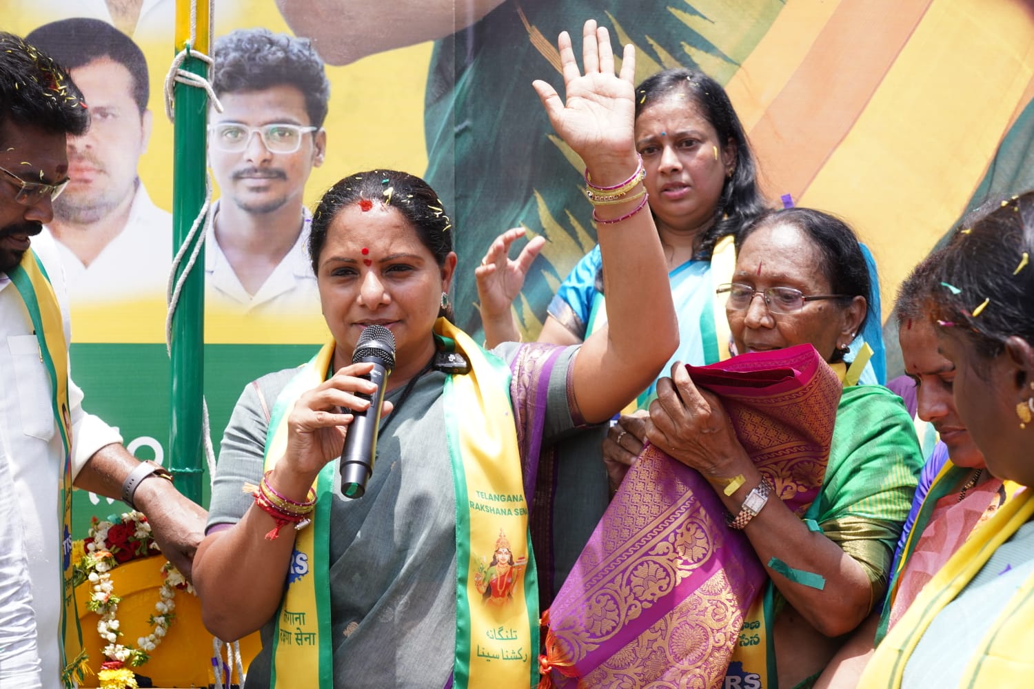 Kalvakuntla Kavitha addresses a Telangana Rakshana Sena event in Uppal, speaking on Telangana identity, language and employment rights.