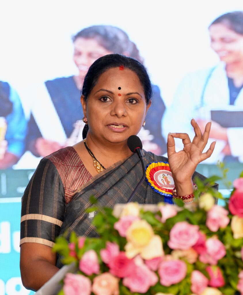 Kalvakuntla Kavitha speaks on women empowerment, gender equality, and social change during a VETA India event in Hyderabad.