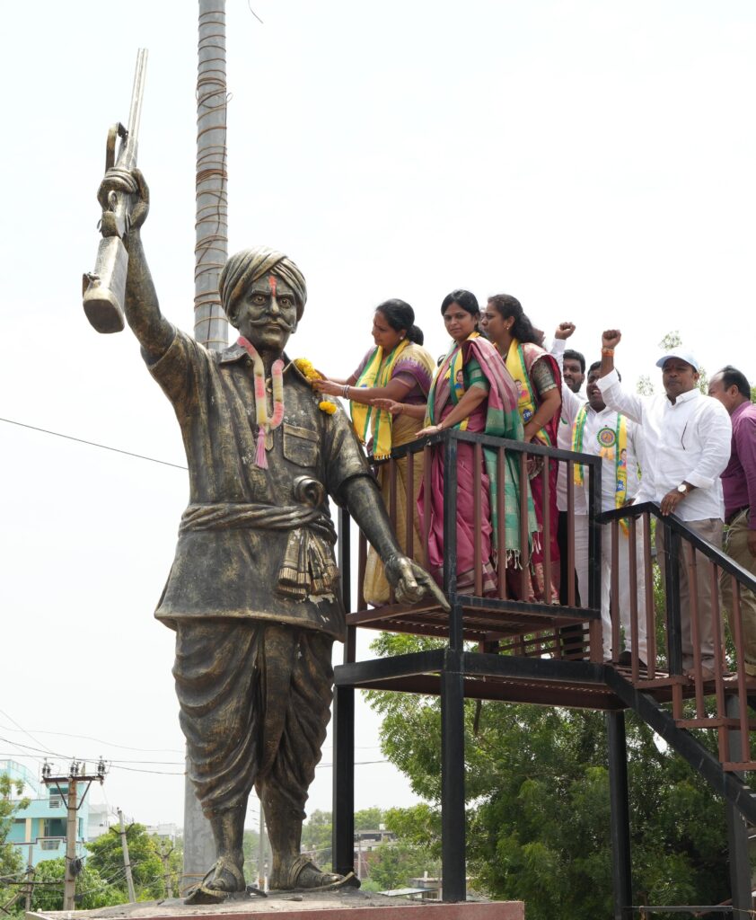 Kalvakuntla Kavitha hoisted the TRS flag in Bellampalli, garlanded the Telangana Thalli statue, and later inaugurated the party office in Asifabad while highlighting Telangana Rakshana Sena's key welfare agenda.