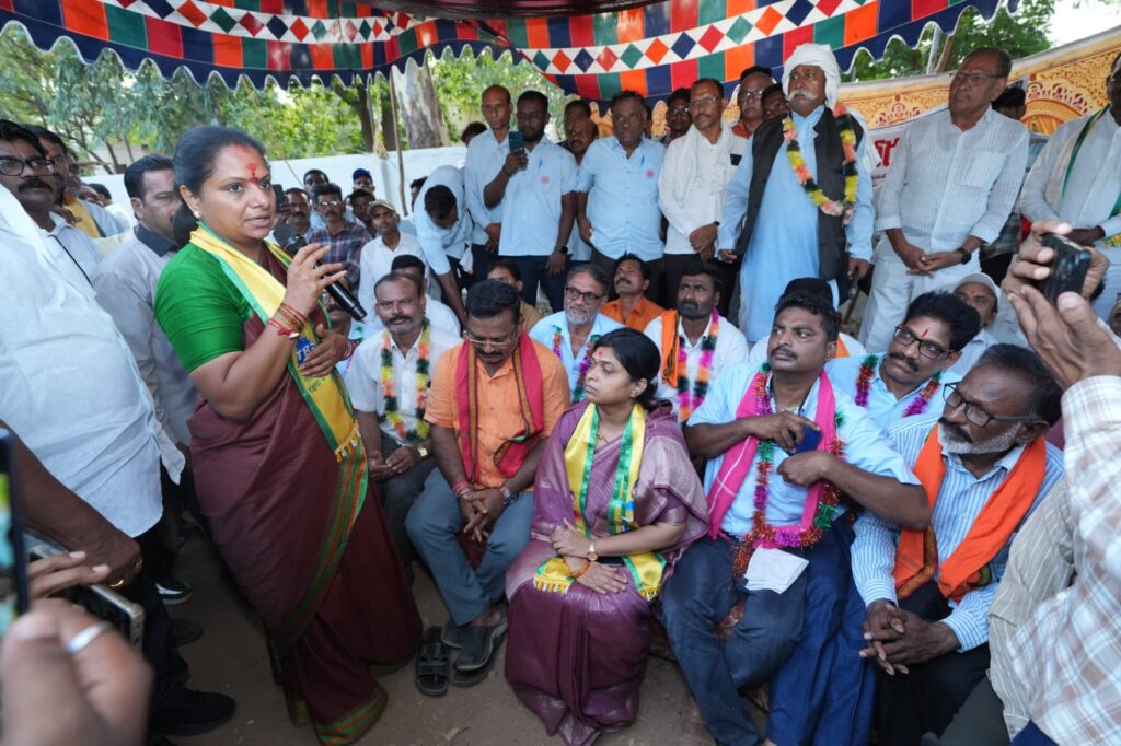 Telangana Rakshana Sena Chief Kalvakuntla Kavitha visits the Tummidihetti project area and highlights the need for irrigation development, farmer welfare, and attention to Sirpur Paper Mill issues