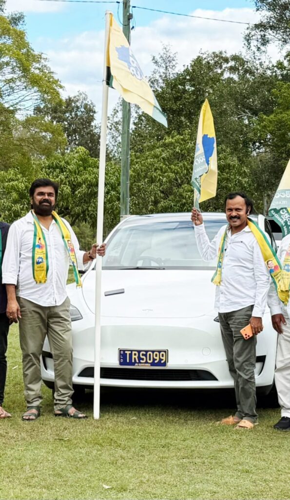 Supporters of Telangana Rakshana Sena participate in a grand car rally and flag festival in Brisbane, Australia, expressing support for Kalvakuntla Kavitha and the party's vision.
