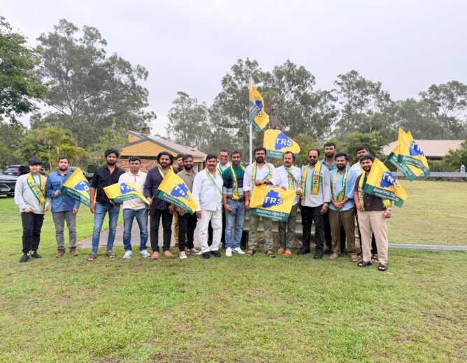 Supporters of Telangana Rakshana Sena participate in a grand car rally and flag festival in Brisbane, Australia, expressing support for Kalvakuntla Kavitha and the party's vision