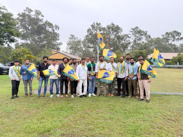 Supporters of Telangana Rakshana Sena participate in a grand car rally and flag festival in Brisbane, Australia, expressing support for Kalvakuntla Kavitha and the party's vision