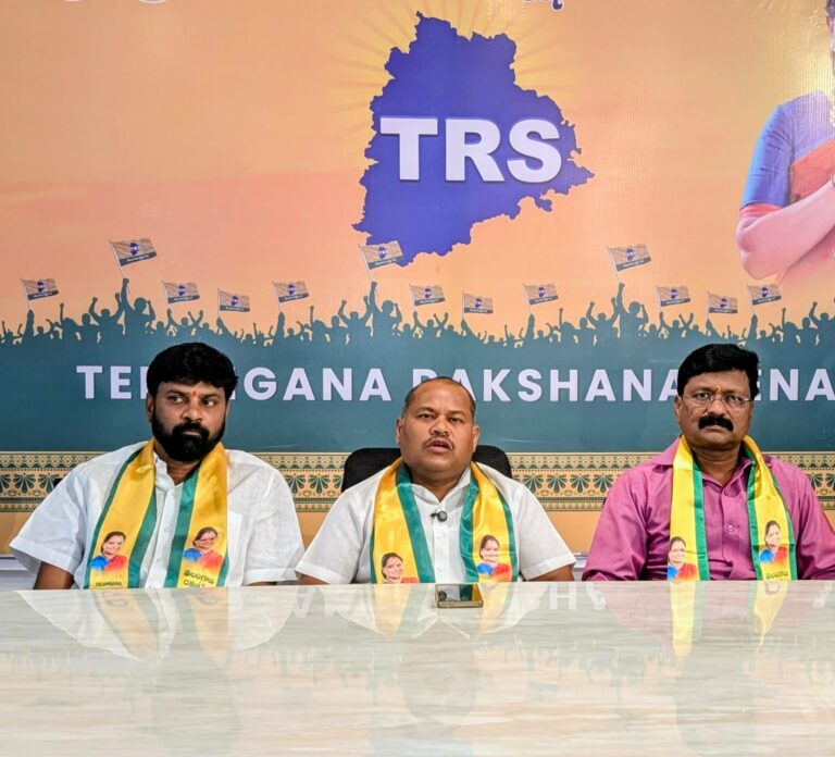 TRS State leader Kamera Naveen Kumar addressing a press conference in Hyderabad, demanding a white paper on the Telangana government's efforts to construct the Tummidihetti Barrage and criticizing Chief Minister Revanth Reddy over Maharashtra talks