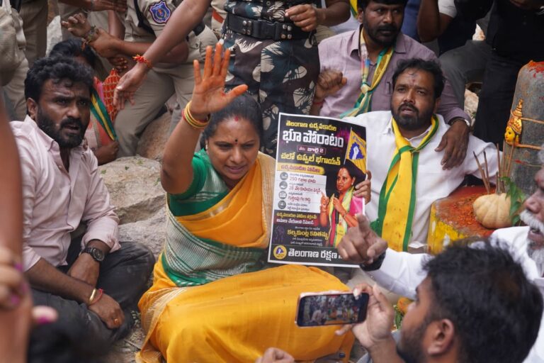 Kalvakuntla Kavitha addressing media after release from Bollaram Police Station following Boduppal land protest arrest