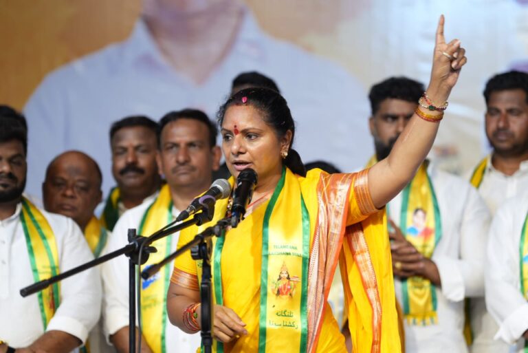 Telangana Rakshana Sena Chief Kalvakuntla Kavitha addressing the media on student protests and youth promises in Hyderabad