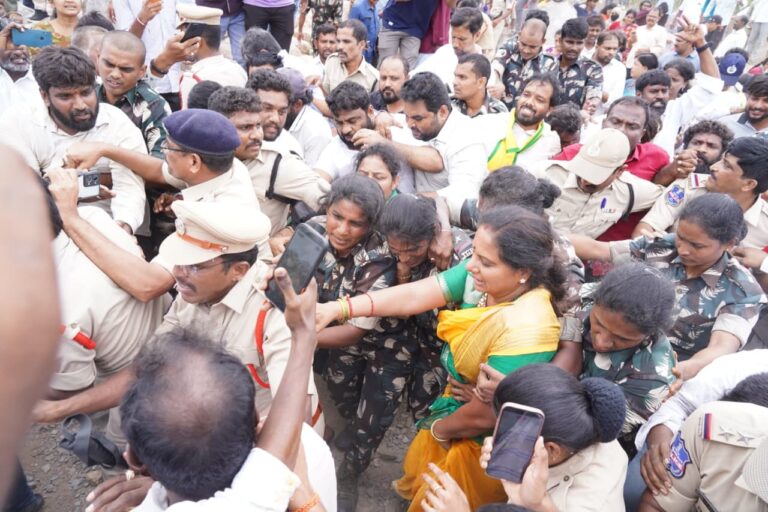 Kalvakuntla Kavitha being detained during the Boduppal land protest over HMDA lands in Hyderabad.