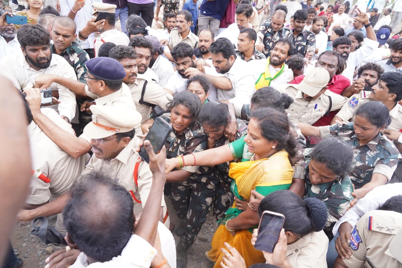 Kalvakuntla Kavitha being detained during the Boduppal land protest over HMDA lands in Hyderabad.