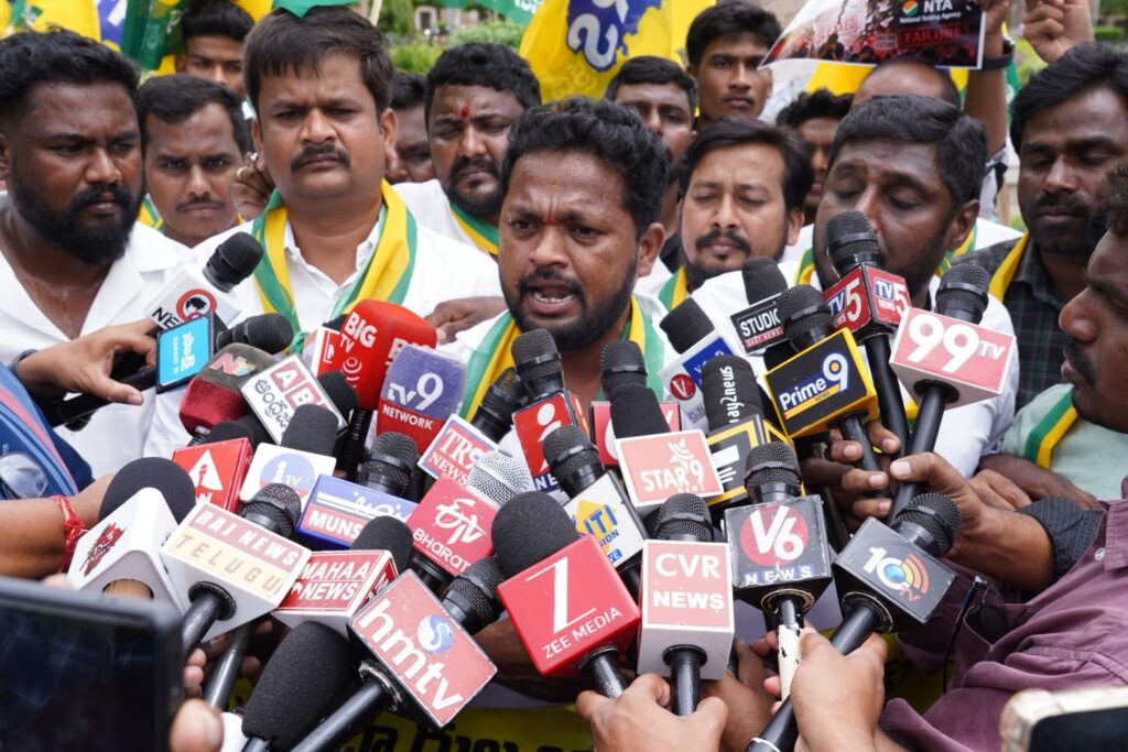 Students march during a solidarity rally supporting nationwide NEET paper leak protests in Hyderabad.