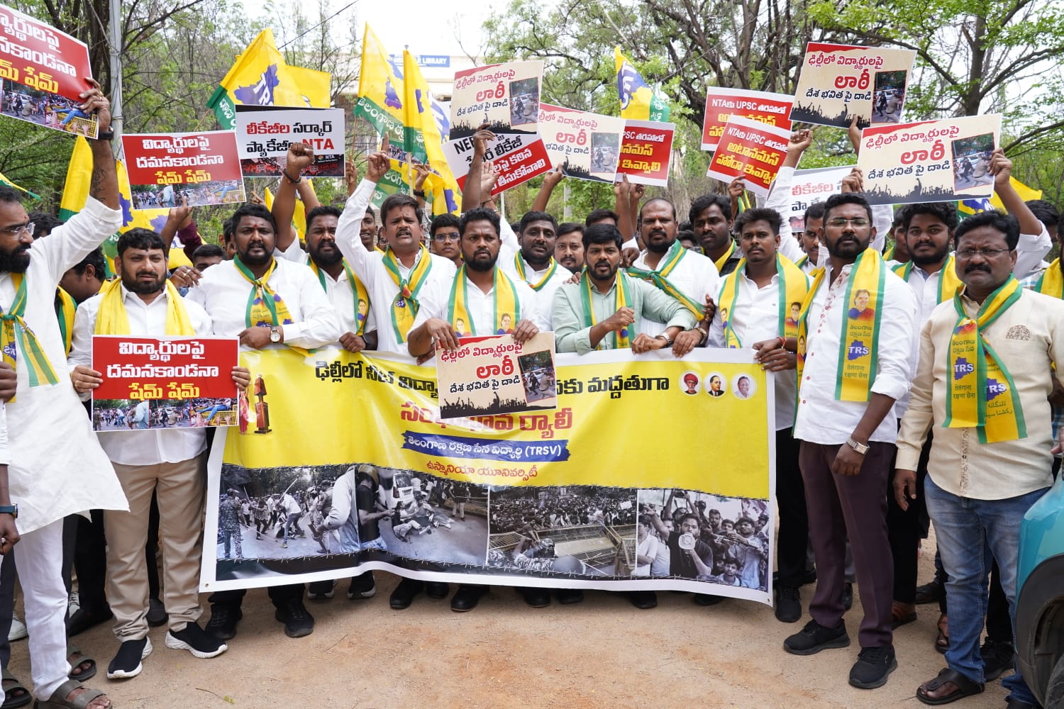 Students of Telangana Rakshana Sena organised a rally at Osmania University supporting nationwide protests over the NEET paper leak