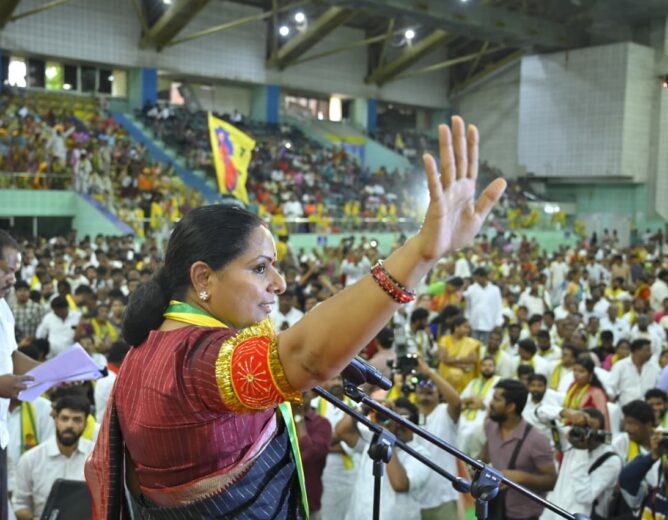 At the Samajika Nyaya Telangana Sankalpa Sabha, K Kavitha unveiled her Social Justice Telangana vision and demanded 50% BC reservations.