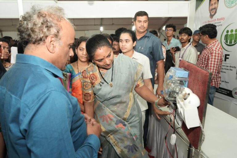 Kalvakuntla Kavitha examining smart electricity meters at the Power Expo 2026 in Hyderabad