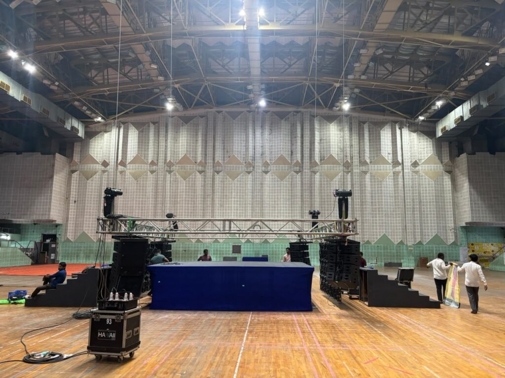 Preparations underway for the Samajika Nyaya Telangana Sankalpa Sabha at Saroor Nagar Indoor Stadium in Hyderabad